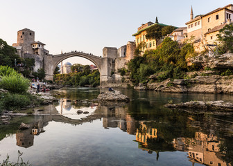 Sunset over the famous Mostar bridge