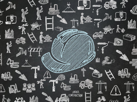 Building construction concept: Chalk Blue Safety Helmet icon on School board background with  Hand Drawn Building Icons, School Board