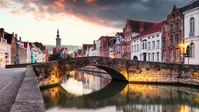Time lapse of Bruges, Belgium - Scenic cityscape with canal Spiegelrei