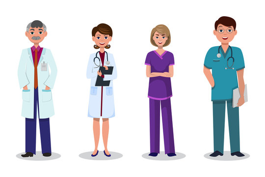 Team of doctors and nurses on white background, male and female in different uniform of different medical professions