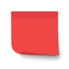 Red post note. Sticky memo, label with curled corner isolated on transparent background. Realistic template, mockup with shadow for your projects. Vector stock illustration. 
