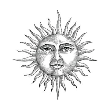 Naklejki Face in sun hand drawing engraving style