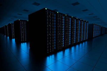 design element. 3D illustration. rendering. server room in data center full of telecomunication equipment.  internet. big data storage. cloud computing technology