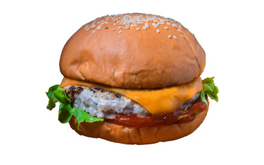 Cheese burger - American cheese burger with Golden French fries isolated on white background.