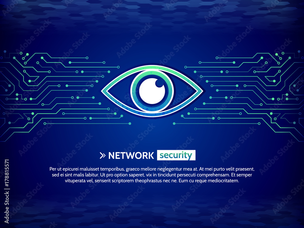 Poster Abstract high tech circuit board. Eye cyber security concept. Network data protection background. Search and analysis of information.