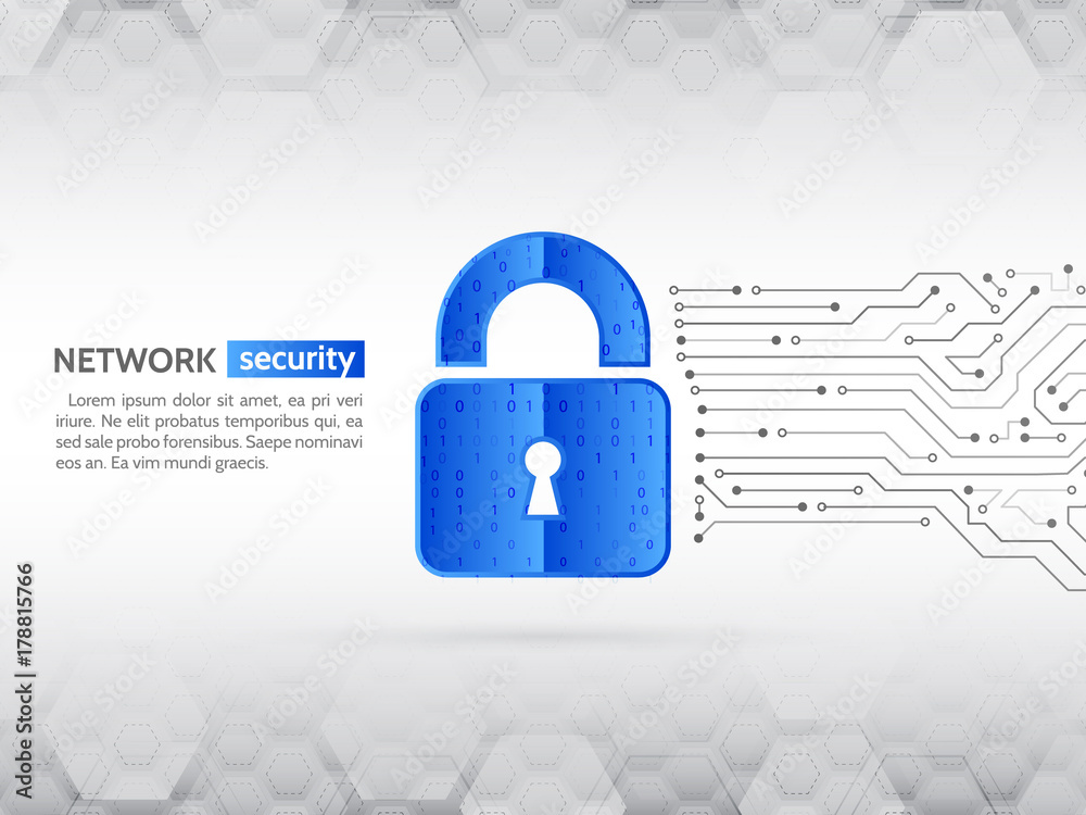 Aufkleber System privacy, Network security. Abstract high tech circuit board. Technology data protection concept.  Digital padlock vector illustration.