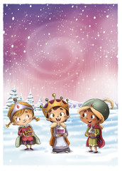 Obraz na płótnie Canvas reyes magos niños en la nieve