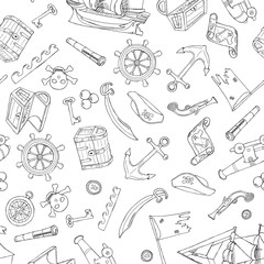 Hand drawn vector coloring book illustration seamless pattern background of seafaring with ship, anchor, steering wheel, compass with outline