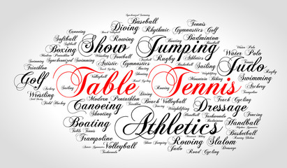 Table tennis. Word cloud, italic red font, grey gradient background. Summer sports.