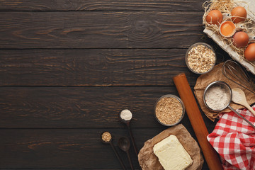 Cooking ingredients for dough background with copy space
