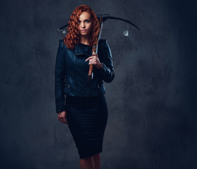 Redhead female  holds crossbow.