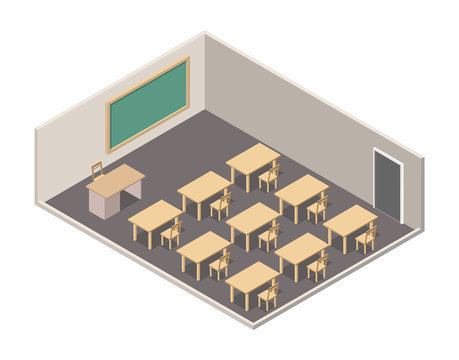 Isometric classroom interrior realistic 3d icon.