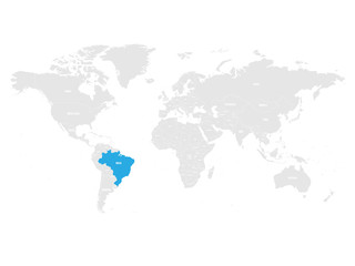 Brazil marked by blue in grey World political map. Vector illustration.