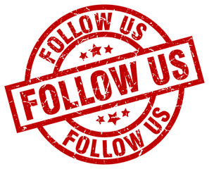 follow us round red grunge stamp