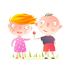 Boy giving a lollipop to a girl. Vector cartoon.