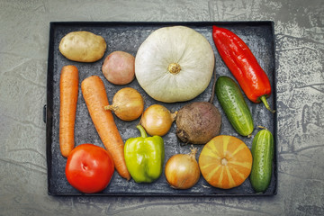 .Vegetables on an old metal tray on a pink background..Potatoes, onions, pumpkin, peppers, beets, cucumbers, tomato, carrots, 