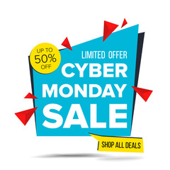 Cyber Monday Sale Banner Vector. Discount Up To 50 Off. Discount Tag, Special Monday Offer Banner. Good Deal Promotion. Isolated On White Illustration