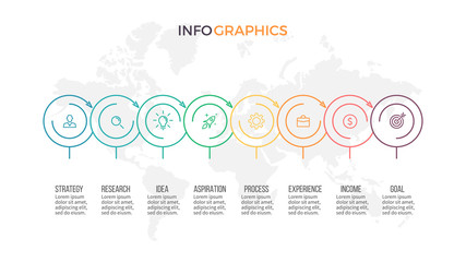 Business process. Timeline infographics with 8 steps, options, arrows. Vector template.