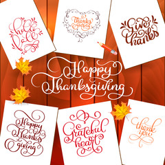 Set of Hand drawn Thanksgiving Day texts. Celebration quotes Happy Thanksgiving, Hello fale, Giving thanks, Grateful heart, Thank you. Vector vintage style calligraphy Lettering with leaves on wooden © timonko