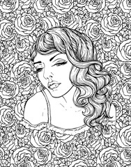 Face of pretty elegant boho girl on floral background with roses. Beautiful wavy curly hair and pouty lips. Hand drawn amazing floral bohemia coloring book page for adult