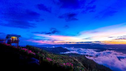 Fototapeta na wymiar Natural Sunset Sunrise.Phu Thap Boek,Phetchabun Mountains.Landscape Sky At Sunset Dawn Sunrise. Unseen Thailand.