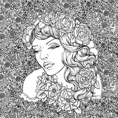 Face of pretty elegant boho girl with wreath on floral background. Beautiful wavy curly hair and pouty lips. Hand drawn amazing floral bohemia coloring book page for adult