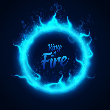 Vector ring of fairy blue underwater fire with bubbles. Procedural fire flames burn around glowing circle. Fire burning circle on a black background illustration. eps 10