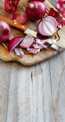 Red onions with a knife