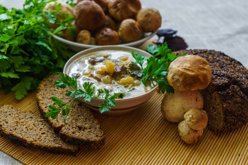 Prepared at home soup from boletus with sour cream and black bread.