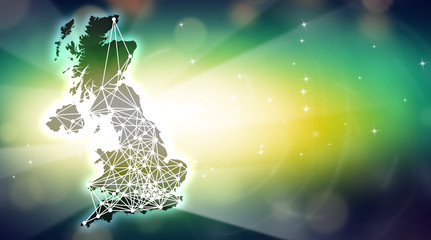 Map of Great Britain with abstractive points connected by futuristic lines, surrounded by glowing stars