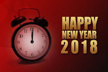 Golden text of Happy New Year 2018 on red gradient black background with clock shown at midnight time.