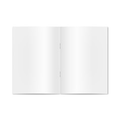 Vector opened realistic notebook, book, journal, magazine or newspaper on staples mockup. Blank open pages of sketchbook or exercise book template