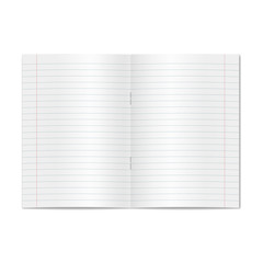 Vector opened realistic lined ruled school copybook with red margins. Blank lined open pages of notebook or exercise book with staples mockup or template