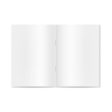Vector opened realistic notebook, book, journal, magazine or newspaper on staples mockup. Blank open pages of sketchbook or exercise book template