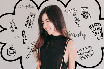 Young Asian woman with cosmetics illustrator doodles - beauty blogger and social media concept..