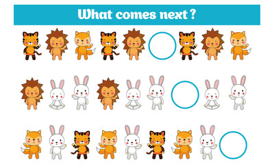 What comes next educational children game. Kids activity sheet training logic continue the row task with colorful simple shapes. Vector illustration