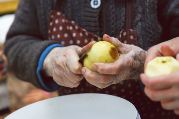 Hands cut apples with jam pieces.The process of preparing jam. Jam from apples