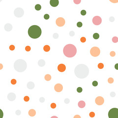 Colorful polka dots seamless pattern on black 14 background. Breathtaking classic colorful polka dots textile pattern. Seamless scattered confetti fall chaotic decor. Abstract vector illustration.