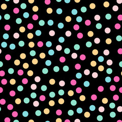 Colorful polka dots seamless pattern on black 3 background. Attractive classic colorful polka dots textile pattern. Seamless scattered confetti fall chaotic decor. Abstract vector illustration.