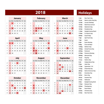 Vector of 2018 new year calendar and holidays. style red color, Holiday event planner, Week Starts Sunday.