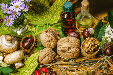 medicinal natural ingredients, autumn leaves, tinctures
