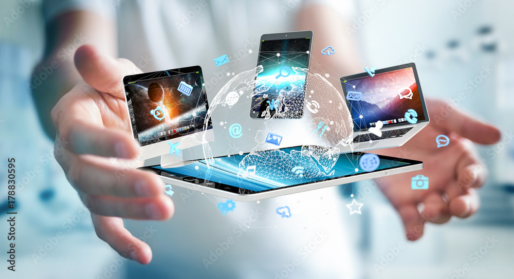 Wall mural businessman connecting tech devices to each other 3d rendering