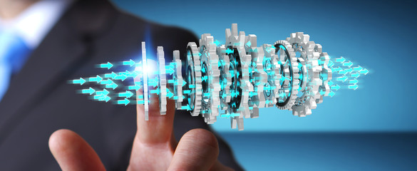 Businessman using floating modern gear mechanism 3D rendering