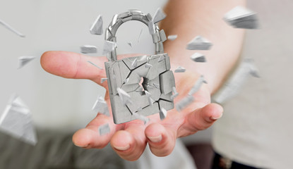Businessman hacking in broken padlock security 3D rendering