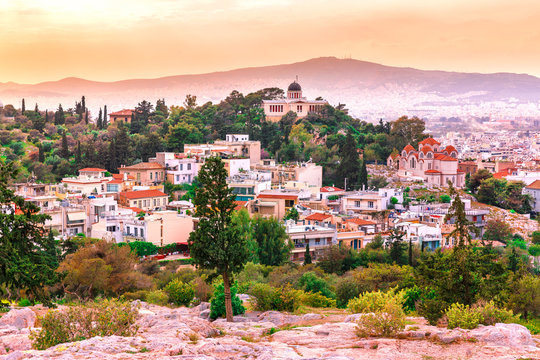Athens, Greece. Incredible and fascinating sunset skyline of ancient city Athen, the capital of Greece.