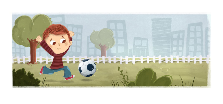 Niño jugando al futbol en el parque