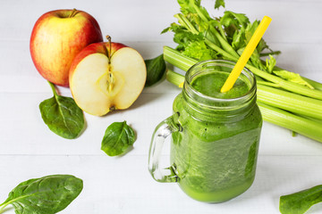 spinach smoothie in jar glass