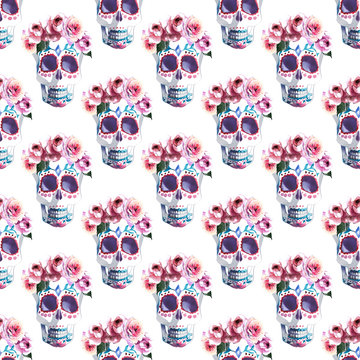 Beautiful lovely graphic artistic abstract bright cute halloween stylish floral skull with roses wreath watercolor hand sketch. Perfect for textile, wallpapers, wrapping paper, cards, invitations
