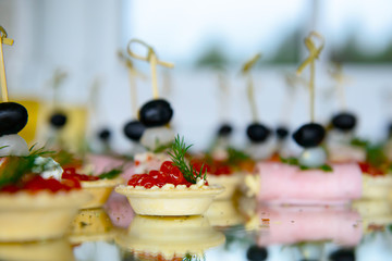 Tartlets with red caviar and canapes with meat rolls on the holiday table. Luxurious finger food. Snacks for the party.