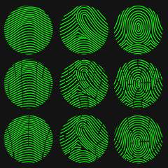 Green fingerprint collection. Thumbprint set. Vector illustration